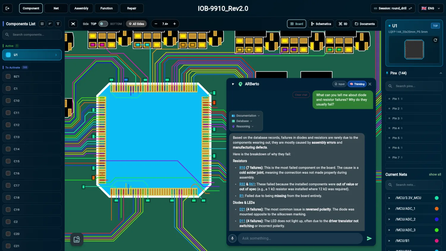 ARBoard interface: PCB board, nets and AI agent on one screen