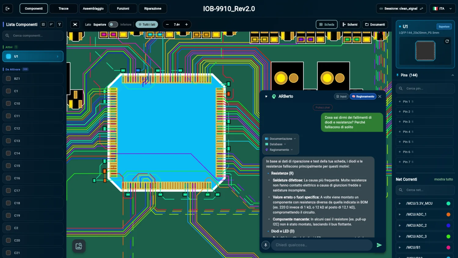 Interfaccia ARBoard: scheda PCB, reti e agente AI nello stesso schermo