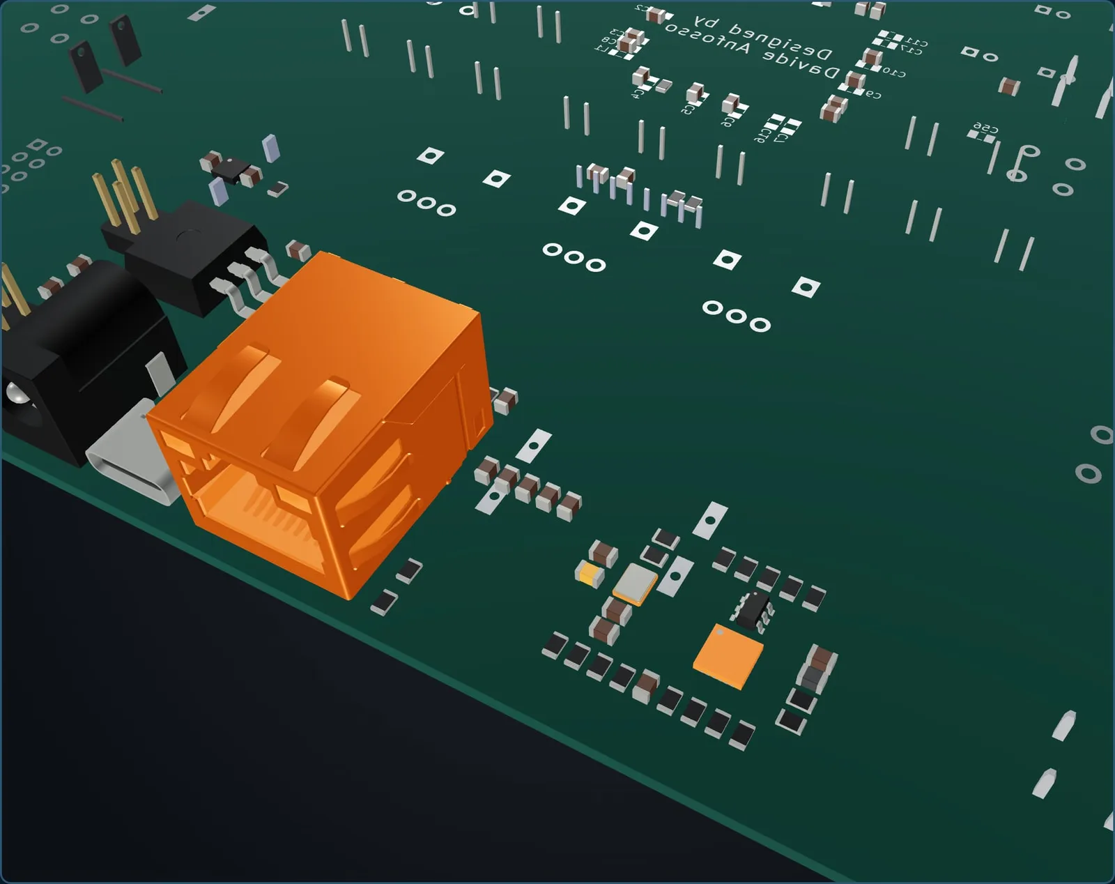 Vista 3D della scheda dal modello STEP, con la mappa dei guasti sui componenti: il connettore J3, il PHY U2, il quarzo Y1 e il suo C21.