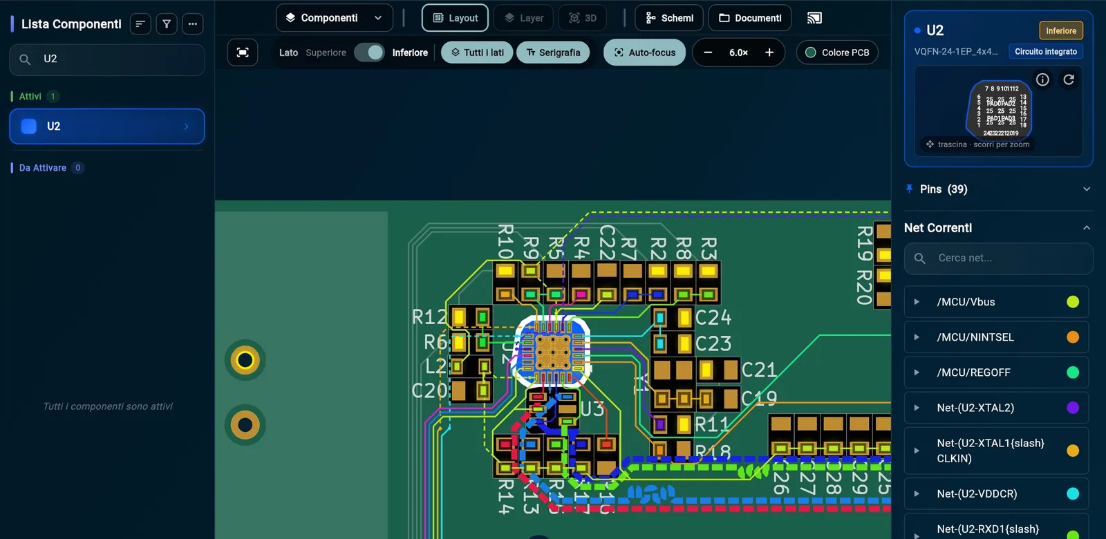 U2, il PHY Ethernet, selezionato: pin e net collegate evidenziate ognuna con il suo colore; a destra l’elenco delle net del componente.