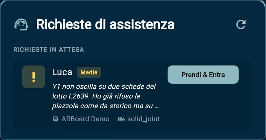 Richiesta di assistenza di Luca, urgenza media: «Y1 non oscilla su due schede del lotto L2639…», con il pulsante «Prendi & Entra».